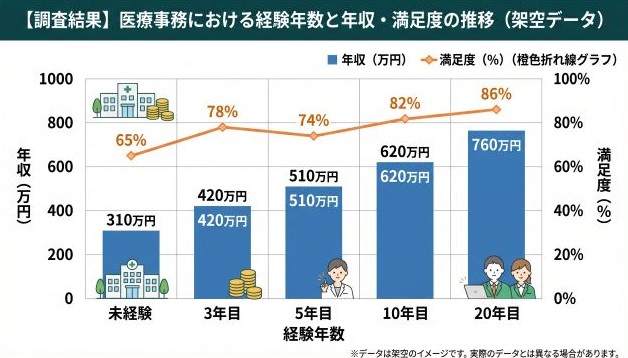医療事務における経験年数と年収・満足度の推移