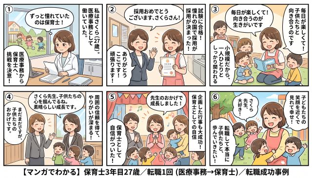 【マンガでわかる】異業種から保育士への転職成功事例！27歳・医療事務出身のリアルな体験談と業界データ