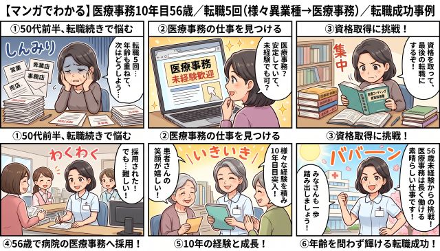 【マンガでわかる】50代未経験、転職5回でも医療事務になれる！56歳から始める成功事例と長く働く秘訣