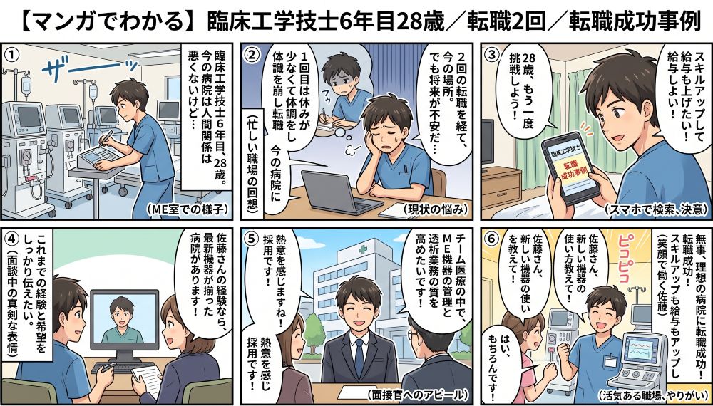 【マンガで解説】臨床工学技士6年目・28歳で転職2回は不利？スキルと年収をアップさせる転職成功の秘訣