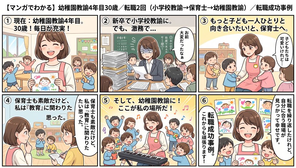【マンガでわかる】30歳・転職2回（小学校教諭→保育士→幼稚園教諭）で天職に出会うまでの転職成功ストーリーと職種比較