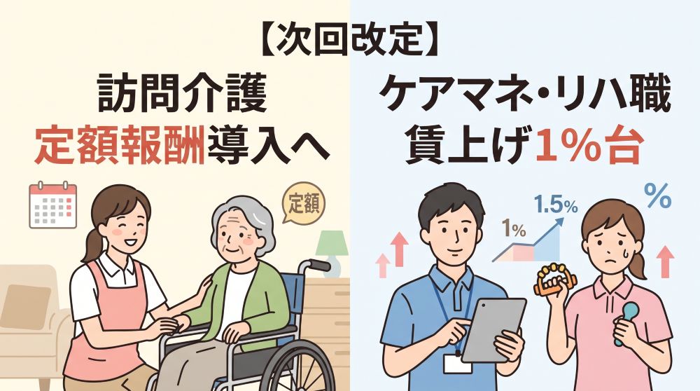 【次回改定】訪問介護に定額報酬導入へ！ケアマネ・リハ職の賃上げ1%台の背景と対策