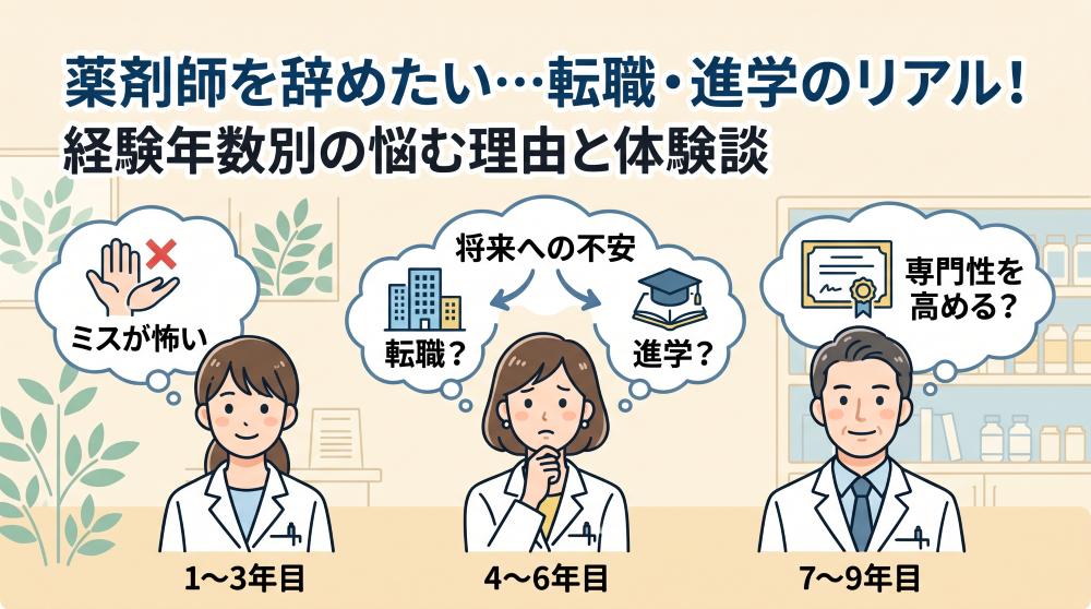 薬剤師を辞めたい…転職・進学のリアル！経験年数別の悩む理由と体験談